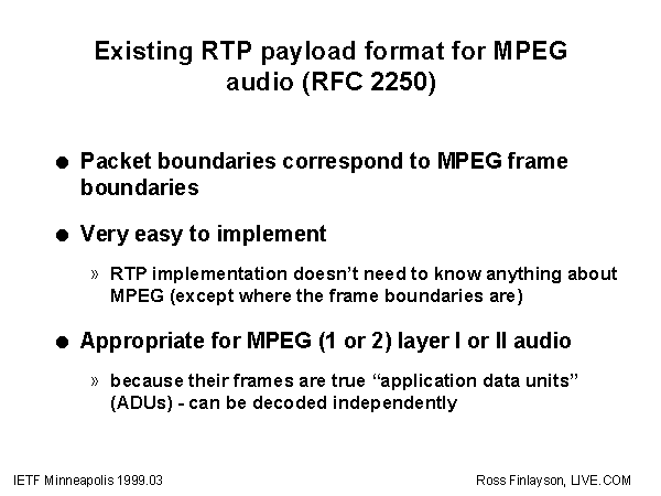 Existing RTP payload format for MPEG audio (RFC 2250)